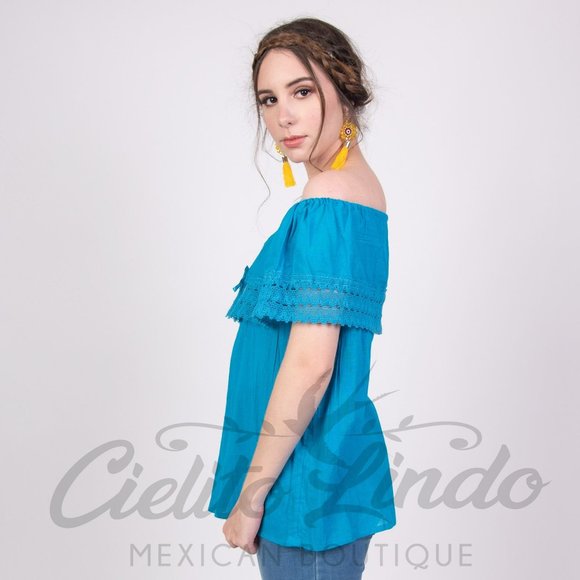 Mexican Off The Shoulder Blouse Solid Turquoise - Picture 4 of 6